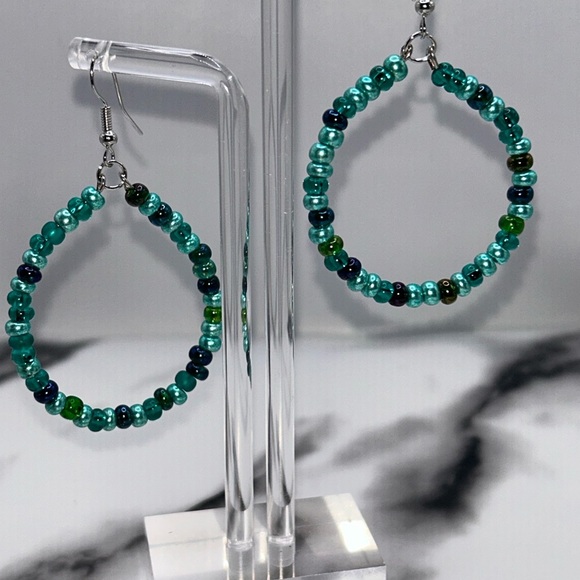 Chic Beaded Teal Hoop Earrings - Picture 3 of 3